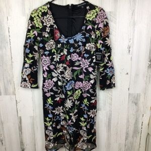 Boston Proper Black Midi Dress with Multicolor Floral Embroidery